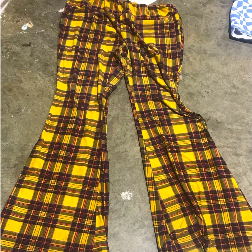 yellow flare legged plaid leggings